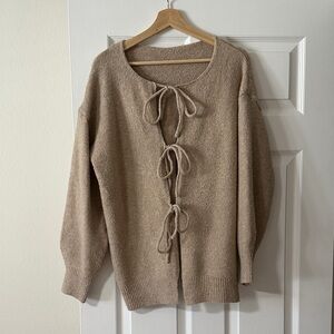 Cozy Tie-Front Knit Sweater Cardigan - Beige